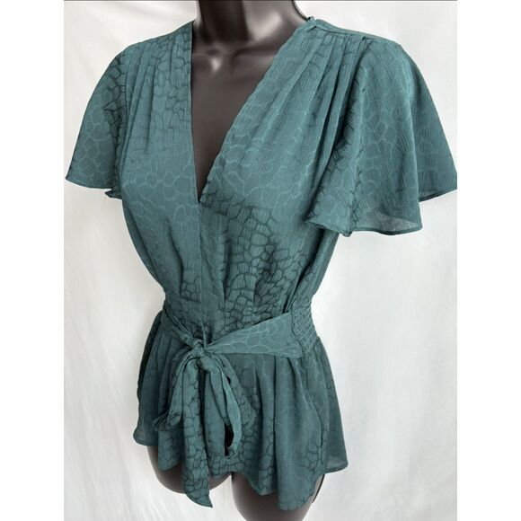 Max Studio Women's Flutter Sleeve Waist Tie Blouse Teal Blue Size XS Classy Date - Picture 4 of 10